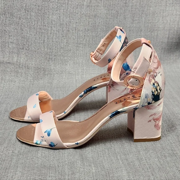 Ted Baker Manyah Pink Floral Print Block Heeled Sandals. 7 - Picture 2 of 12